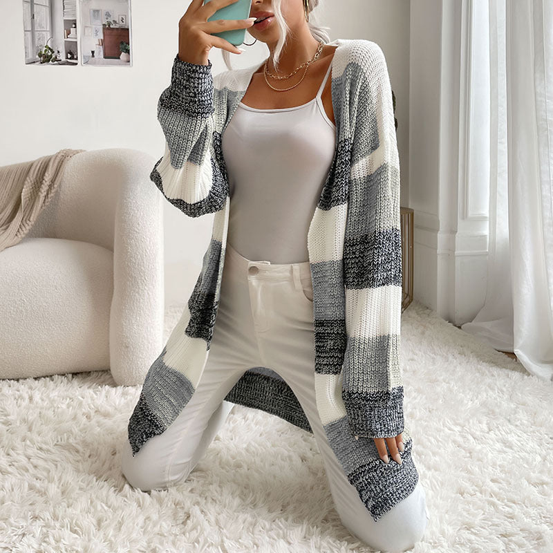 Women's Longline Knit Cardigan with Wide Block Stripes, Open Front and Dropped Shoulders Chichicherry