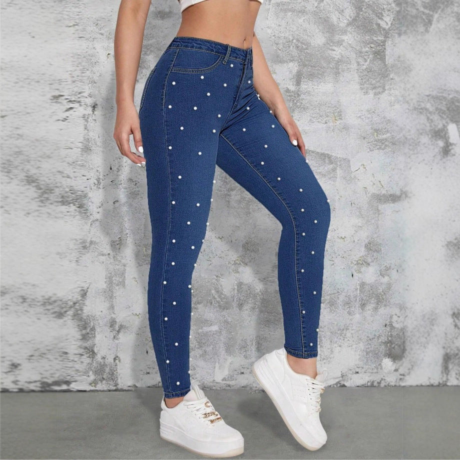 Ladies high-waisted skinny jeans with pearl embellishment Chichicherry