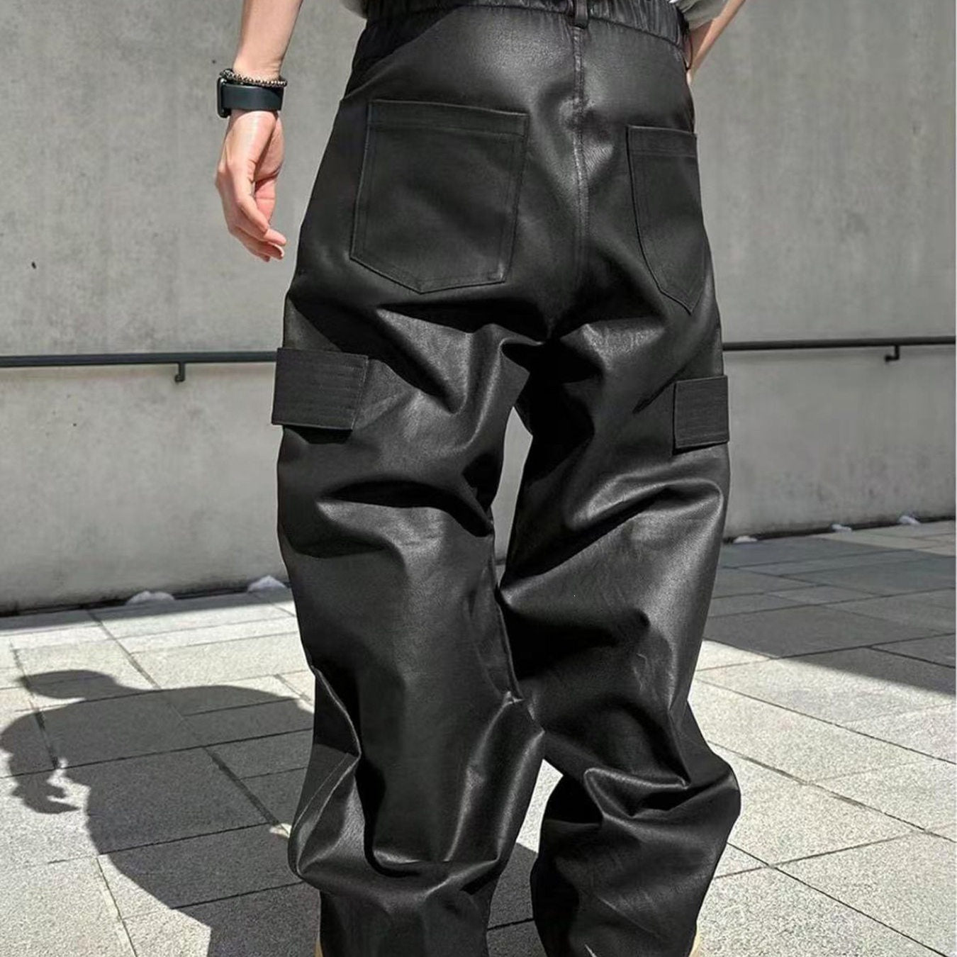 Men's Wide Cut Cargo Pants in Leather Look with Flap Pockets Chichicherry