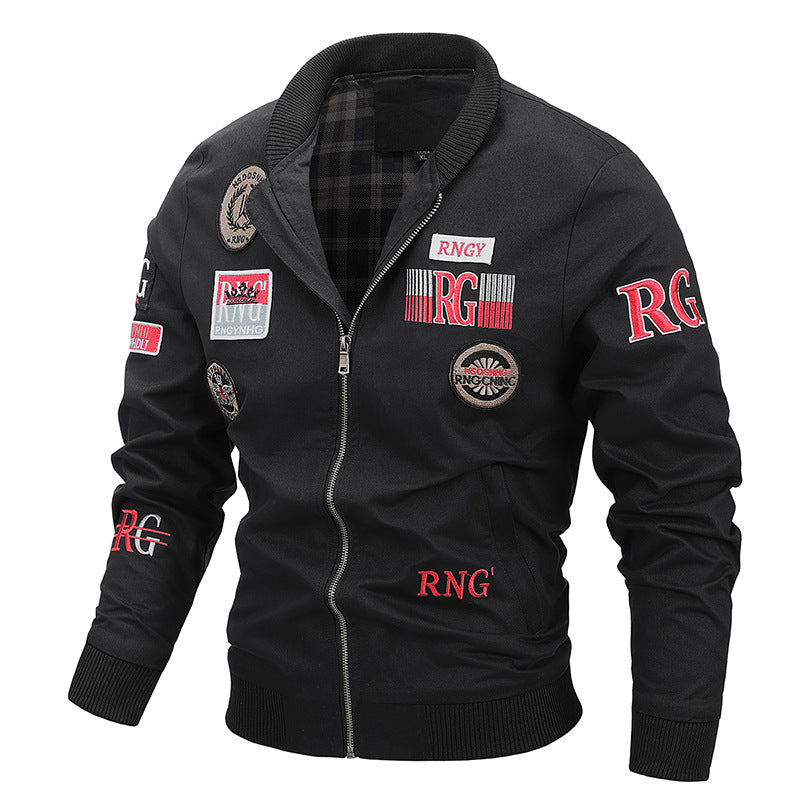 Men's Canvas Bomber Jacket with Vintage Patch Details and Ribbed Cuffs Chichicherry