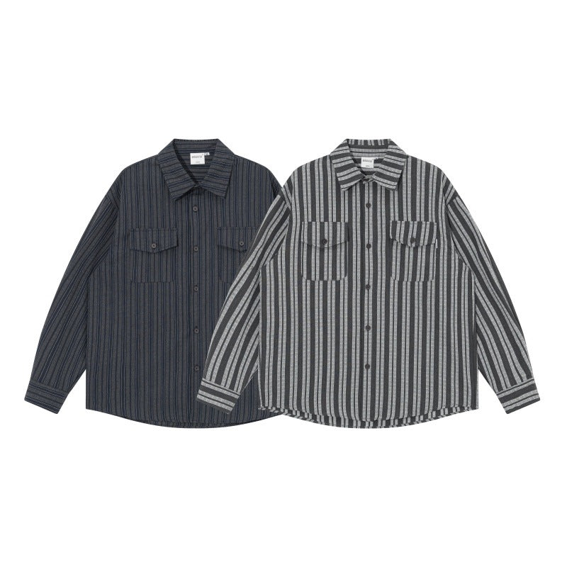 Men's oversized shirt jacket with vertical stripes, patch chest pockets, and rounded hem Chichicherry