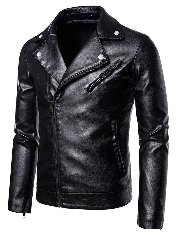 Men's Slim-Fit Biker Jacket in Leather Look with Asymmetrical Zipper and Notched Collar Chichicherry