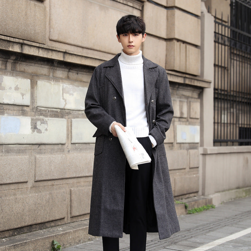 Men's Maxi Length Wool Coat with Subtle Pinstripe Pattern Chichicherry