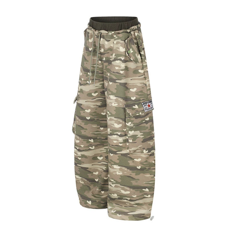 Women's Wide Cargo Pants with Heart Camouflage, Drawstring Waistband and Generous Pockets Chichicherry