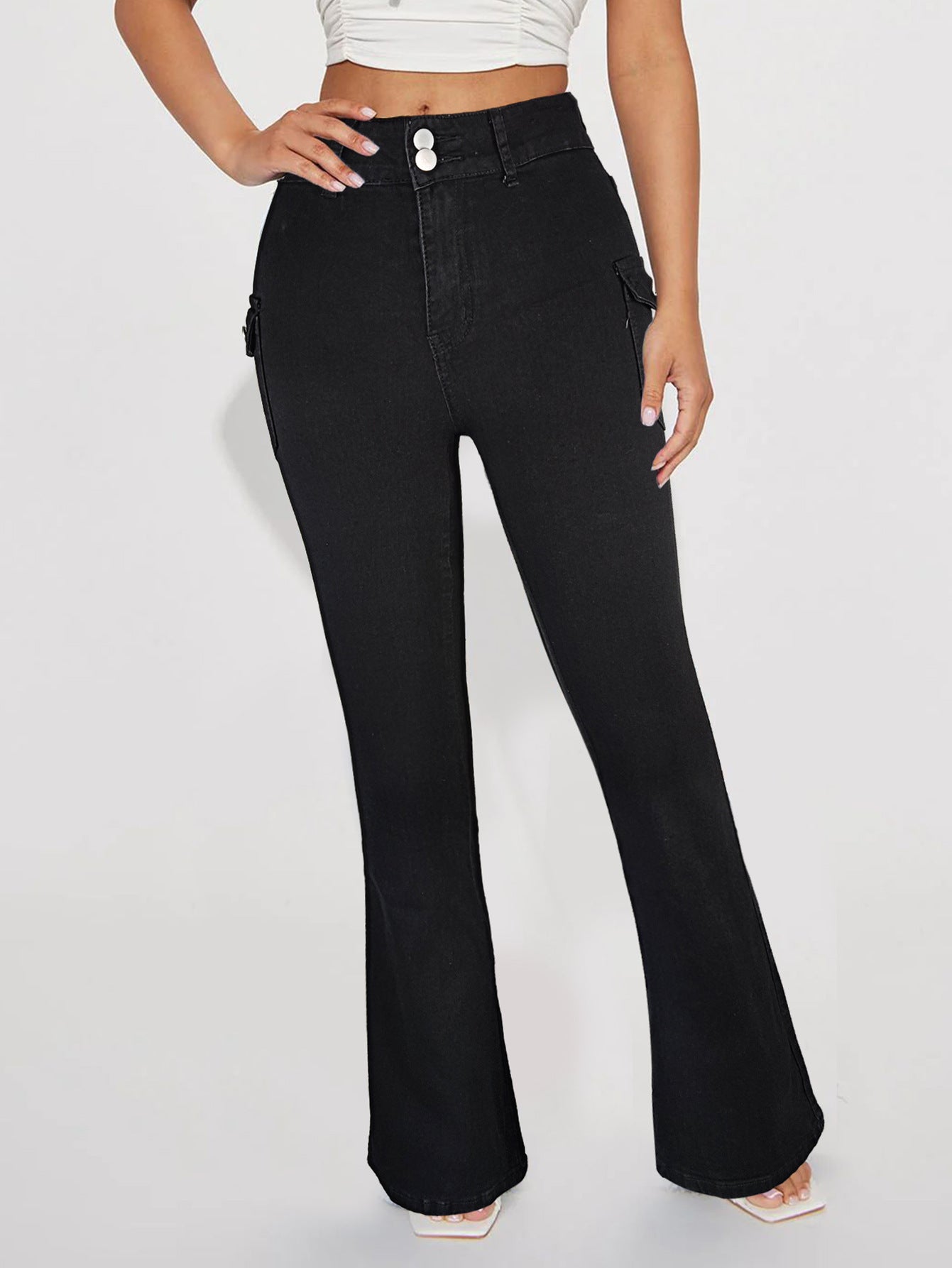 Women's High-Waisted Flared Denim Pants with Side Cargo Flap Pockets & Double Button Chichicherry
