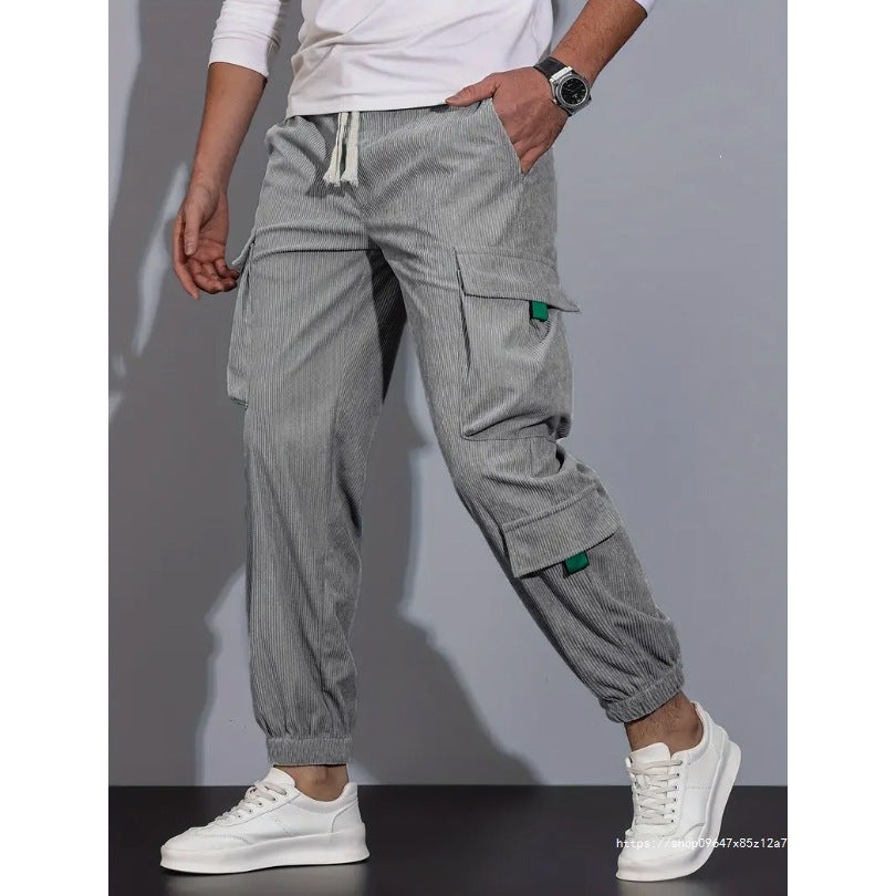 Men's Cord-Cargo-Jogging Pants with Drawstring and Multifunctional Flap & Zipper Pockets Chichicherry