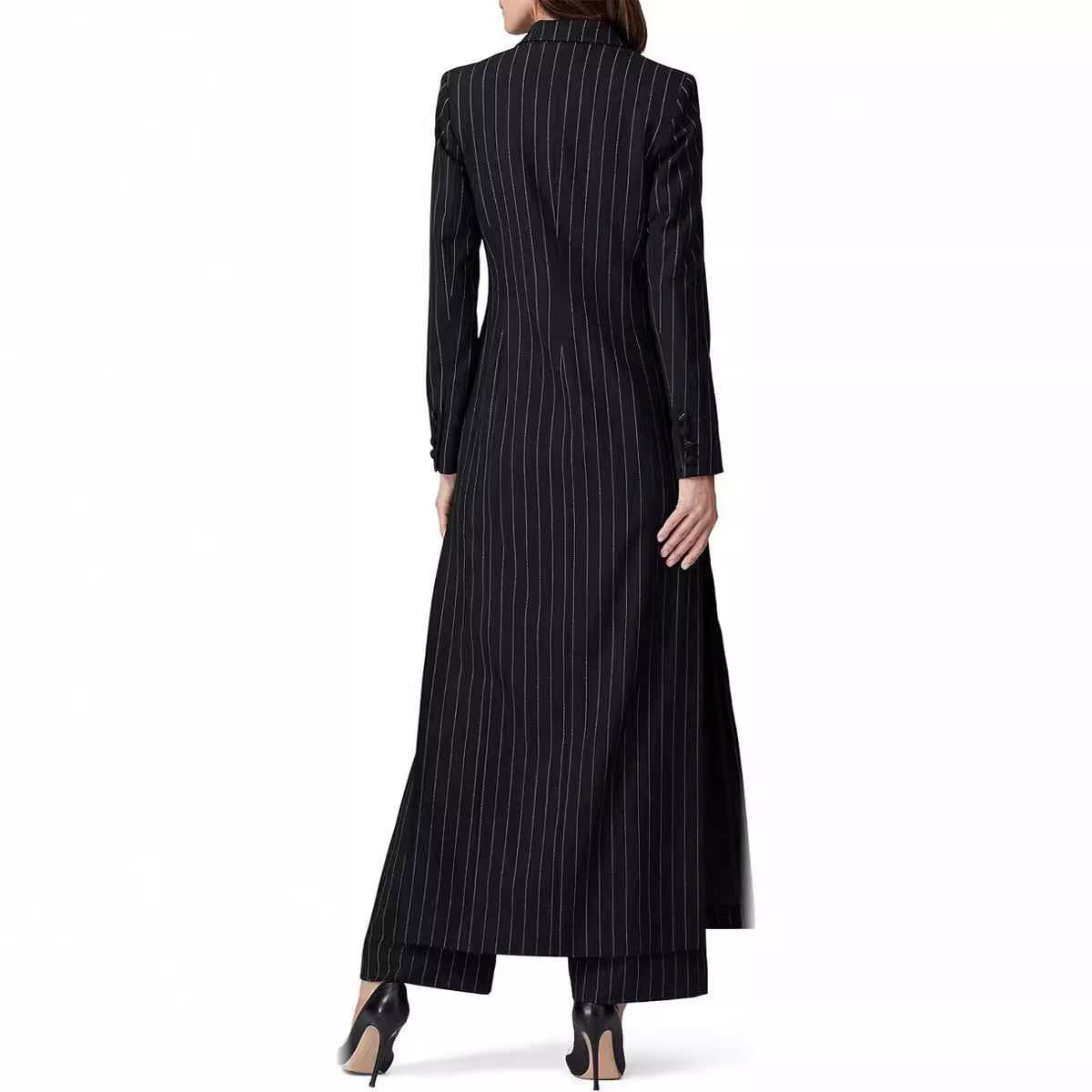 Women's Longline Blazer Coat with Pinstripes, Tailored Silhouette and Flap Pockets Chichicherry