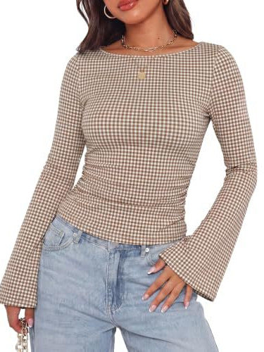 Women's Ribbed Long Sleeve Shirt with Ruffles, Trumpet Sleeves and Contrast Trim Chichicherry