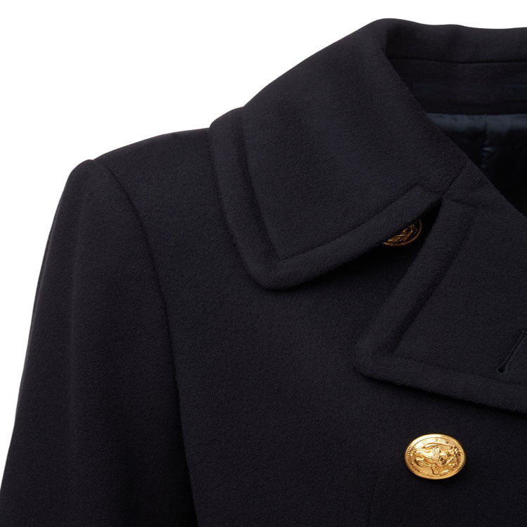 Women's Short Double-Breasted Wool Blend Peacoat with Golden Decorative Round Buttons and Tailored Silhouette Chichicherry