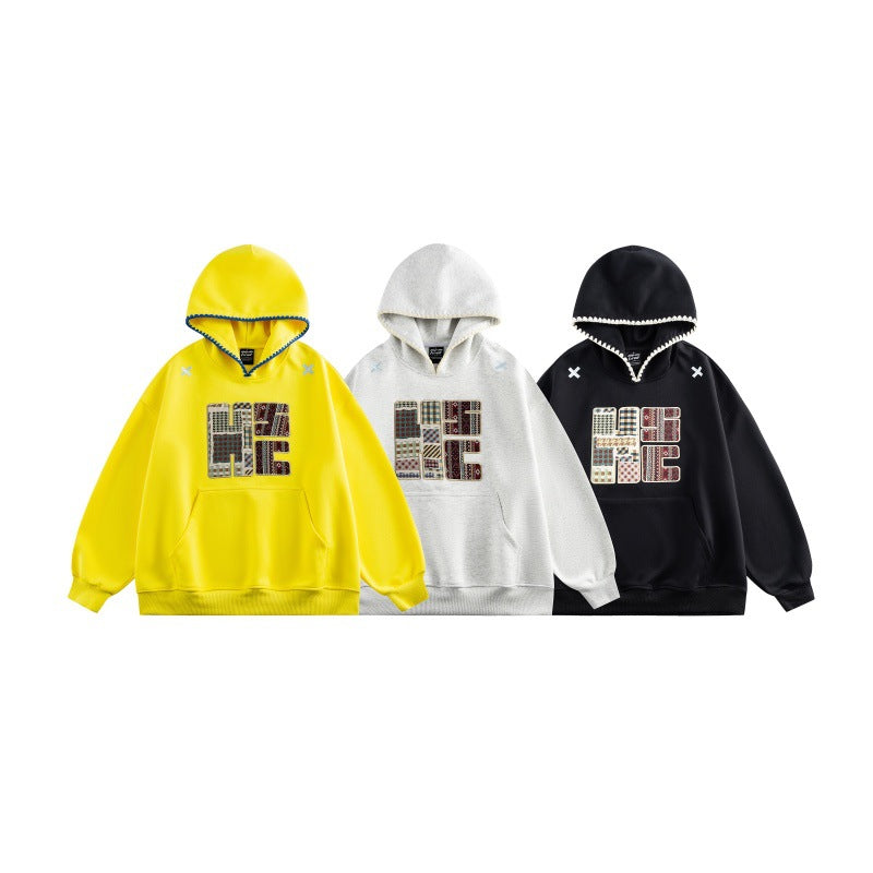 Unisex Wide Cut Hoodie with Patchwork Application and Kangaroo Pocket Chichicherry