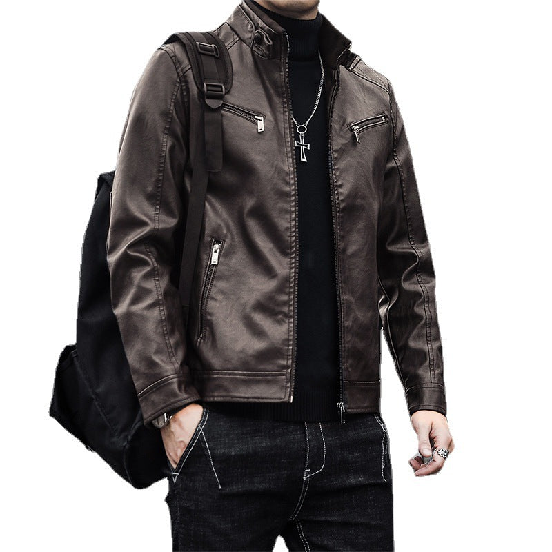 Men's faux leather moto jacket in aviator style with stand-up collar and functional zippers Chichicherry