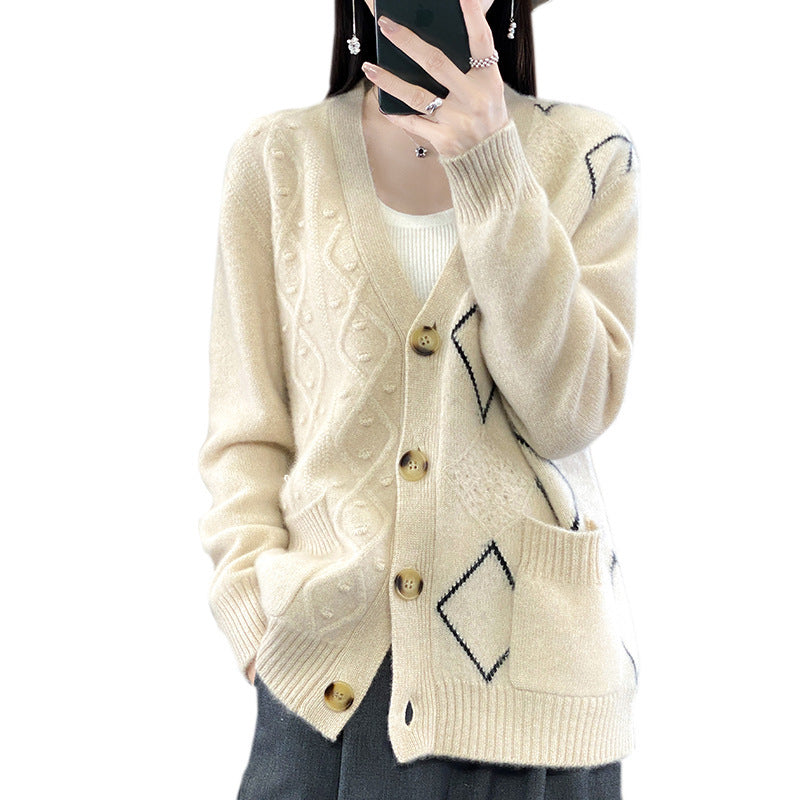 Women Cozy Oversized Cardigan with Openwork and Diamond Detail Chichicherry