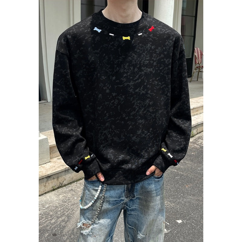 Men's Oversize Sweatshirt with Marble Effect and Colorful Bone Embroidery Chichicherry