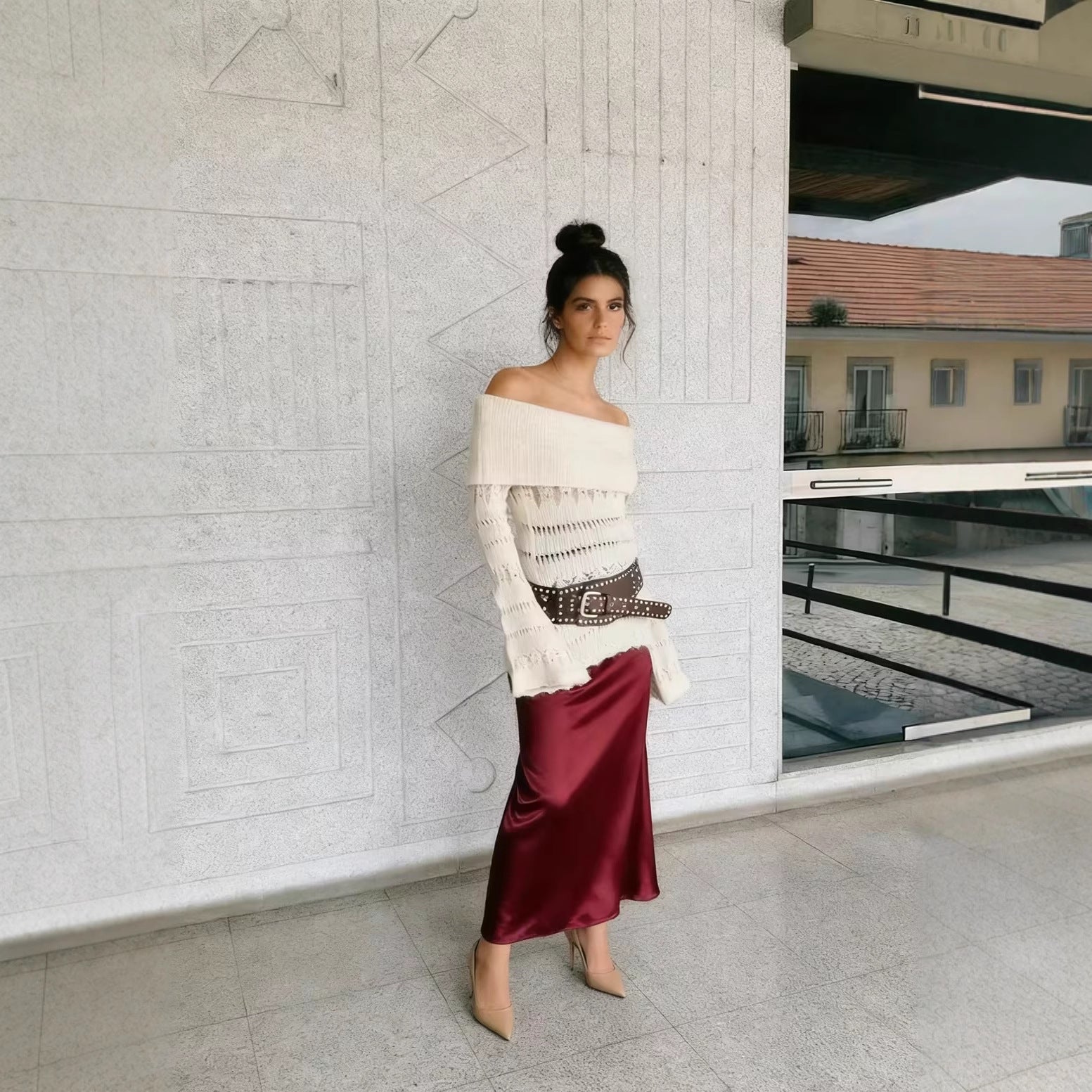 Women's Off-Shoulder Fine Knit Sweater with Folded Roll Neck and Bell Sleeves Chichicherry