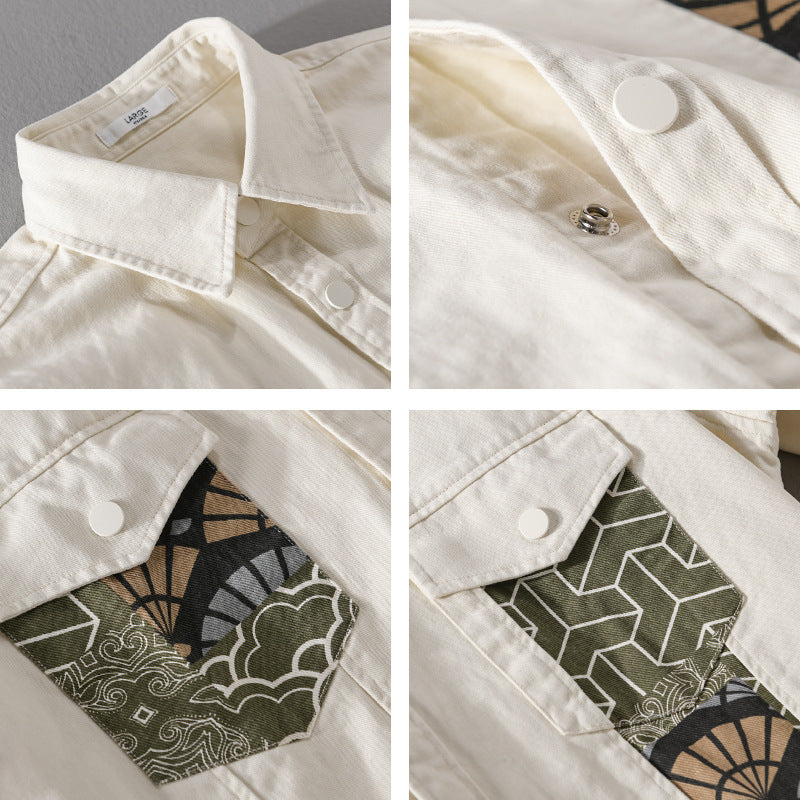 Men's Lightweight Canvas Overshirt in Worker Style with Japanese Pattern Patch and Snap Button Placket Chichicherry