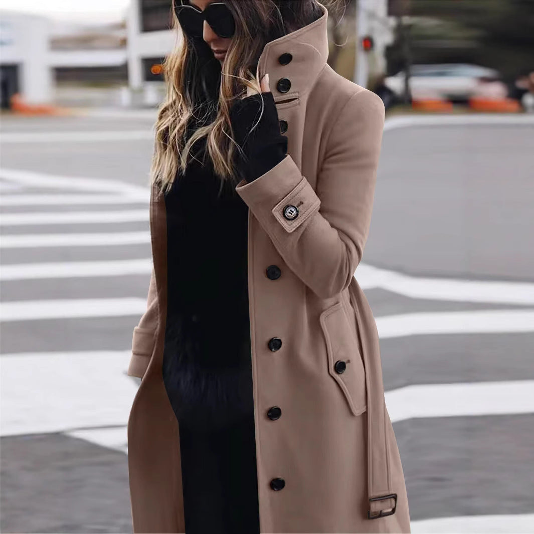 Women's Long Cut Trench Coat with High Stand Collar, Button Placket and Waist Belt Look Chichicherry