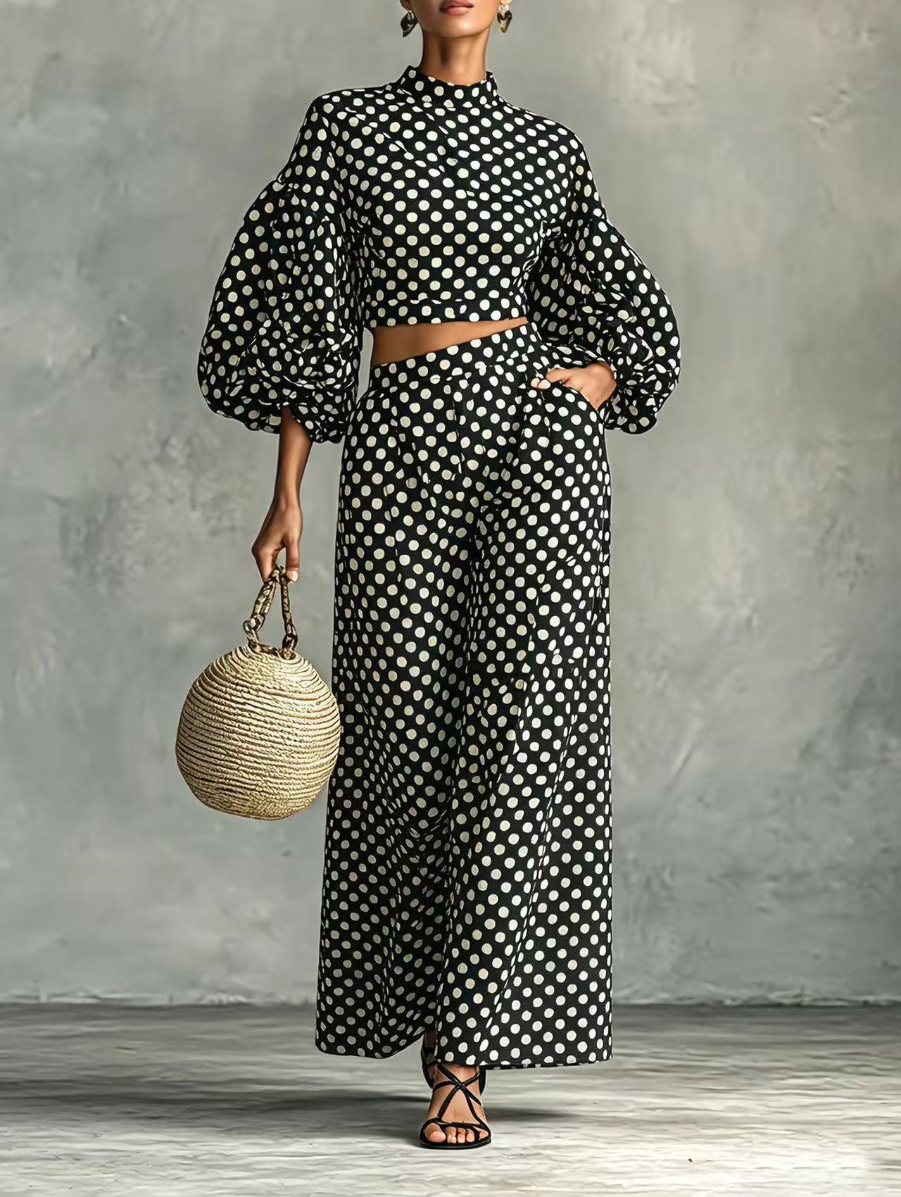 Women's Two-Piece Polka Dot Ensemble with Cropped Stand Collar Top and Wide Palazzo Pants Chichicherry