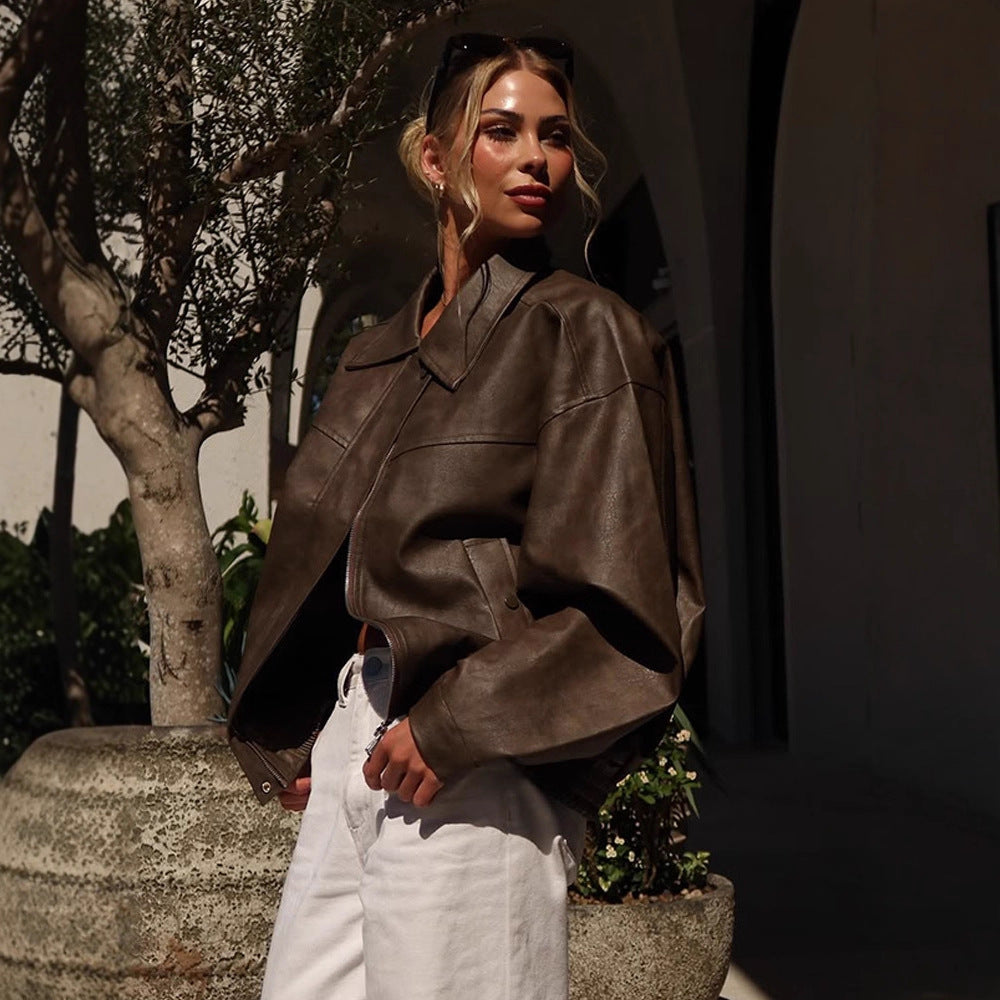 Women Boxy Cropped Faux Leather Blouson with Oversized Shoulder Chichicherry
