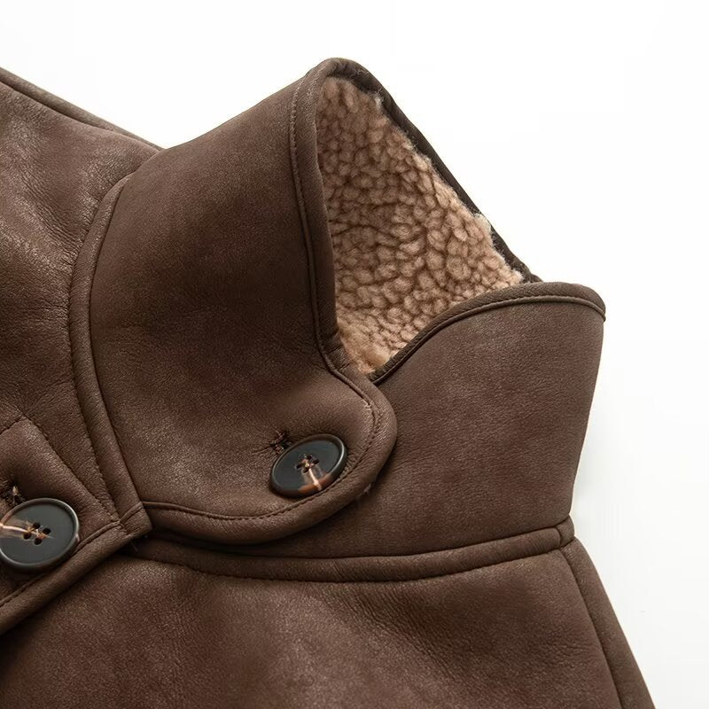 Women's Short Lambskin-Look Jacket with Stand-up Collar and Button Placket Chichicherry