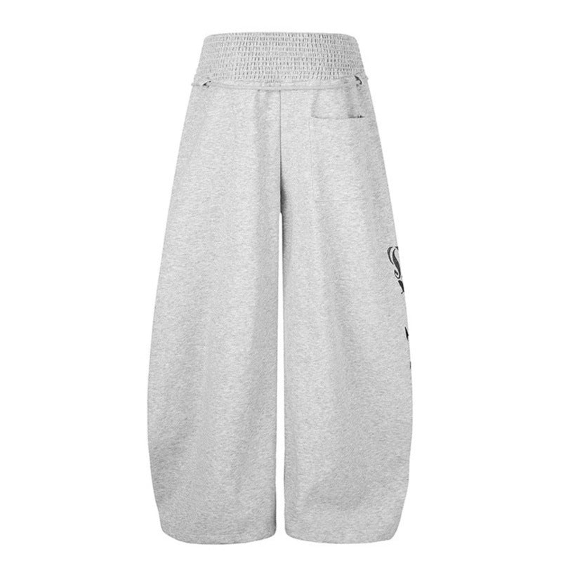 Women Extra Wide Balloon Palazzo Sweatpants with Ribbed Comfort Waistband, Drawstring and Typographic Gothic Print Chichicherry