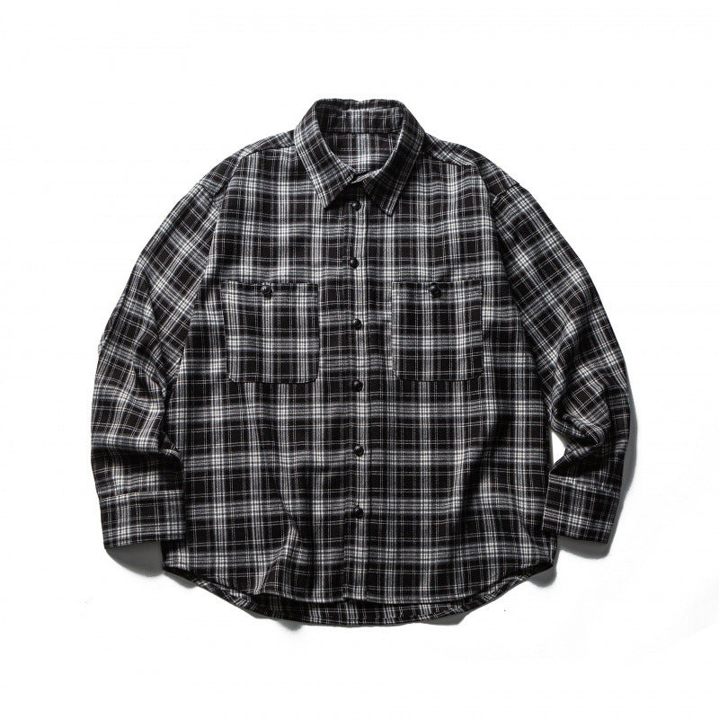 Men's Boxy Flannel Overshirt with Check Pattern, Full Button Placket and Curved Hem Chichicherry
