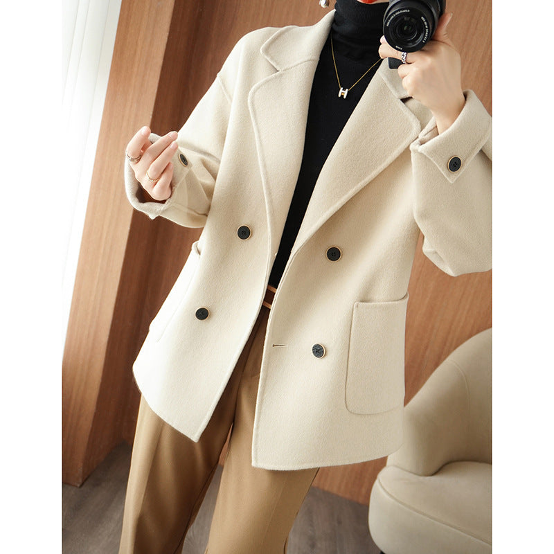 Women's short double-breasted wool blend coat with lapel collar and boxy oversized silhouette Chichicherry