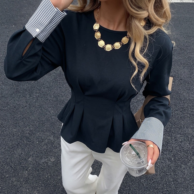 Women's Tailored Peplum Top with Pleats, Round Neckline and Contrast Cuffs Chichicherry