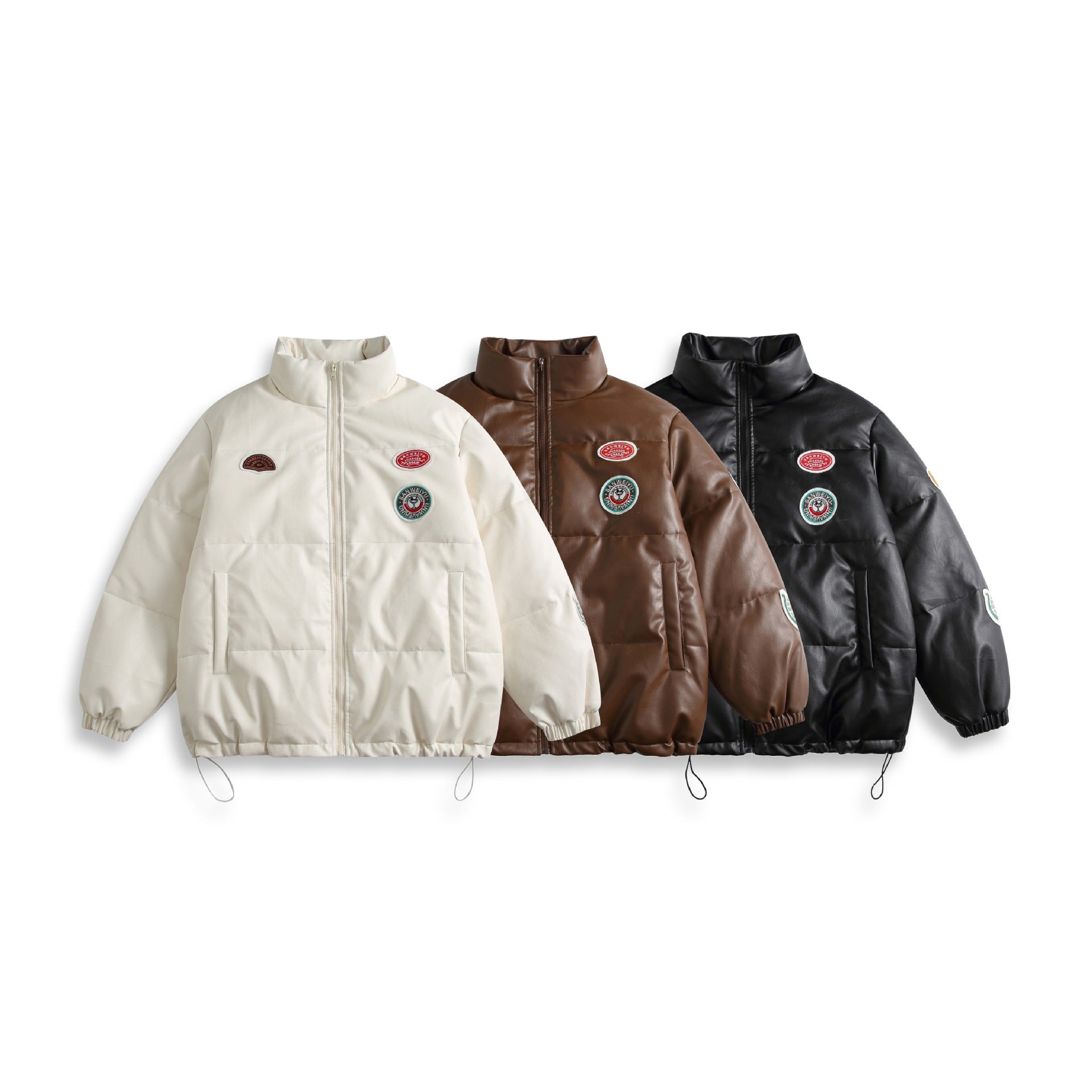Unisex Short Cut Padded Faux Leather Puffer with High Standing Collar and Badge Details Chichicherry