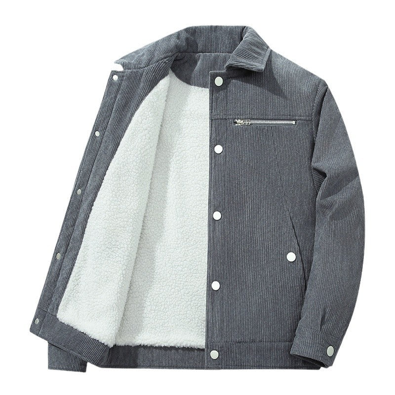 Men's cord trucker jacket with zippered chest pocket and snap front Chichicherry