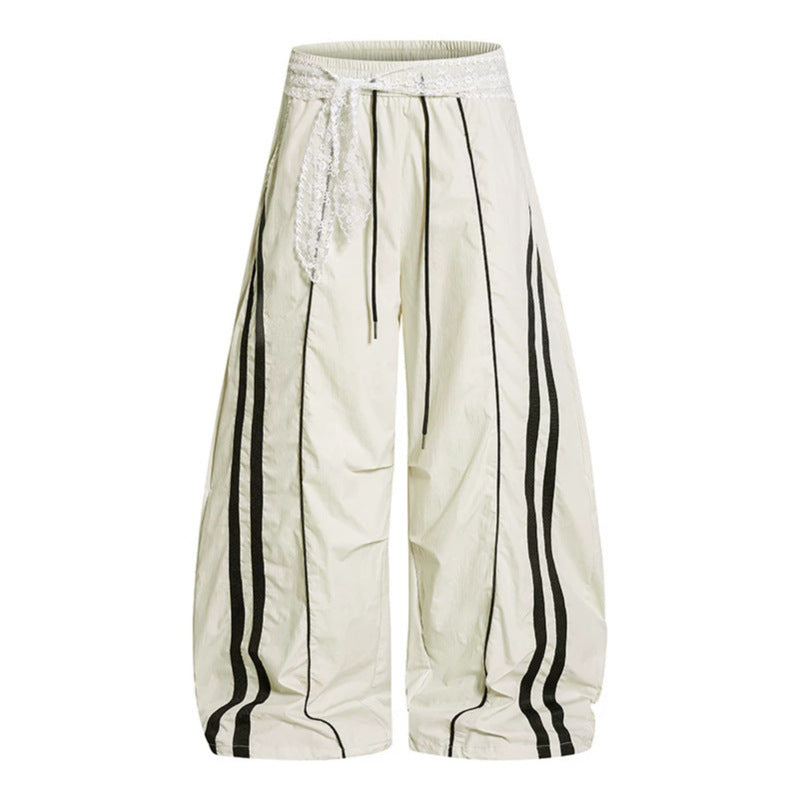 Women's Loose Palazzo Lounge Pants with Elastic Comfort Waistband, Contrast Stripes and Lace Drawstring