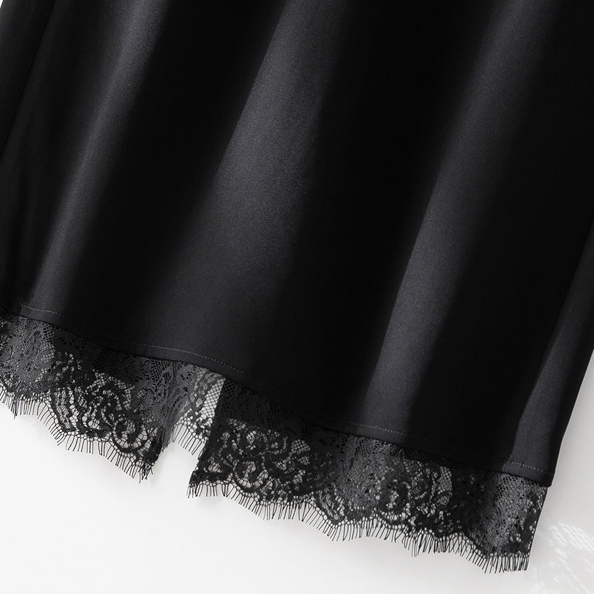 Ladies midi skirt made of satin with lace trim and side pockets Chichicherry