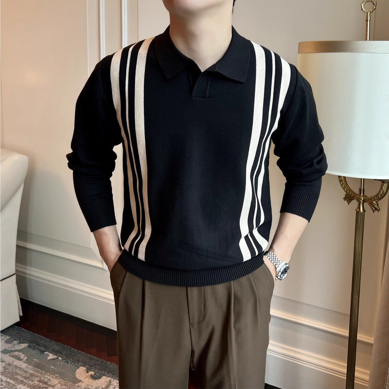 Herren Polokragen-Strickpullover mit markanten Längsstreifen und schmaler Passform Chichicherry