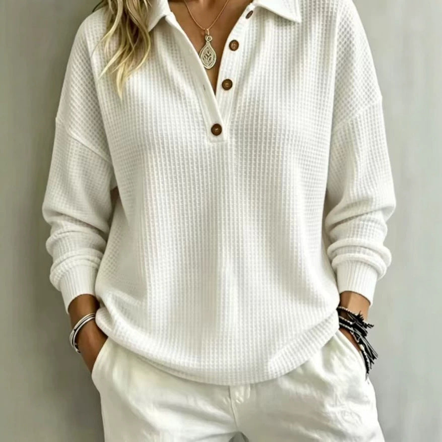 Ladies waffle knit polo with oversized fit, button placket and roll neck look Chichicherry