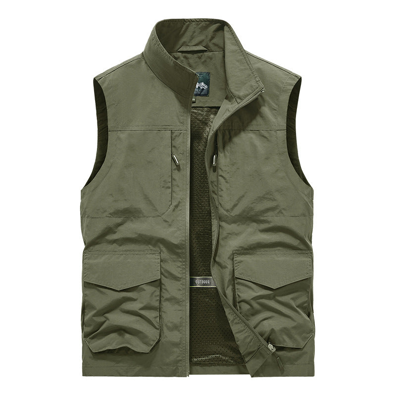 Men's Utility Outdoor Vest with Multiple Pockets, Mesh Lining & Stand Collar Chichicherry