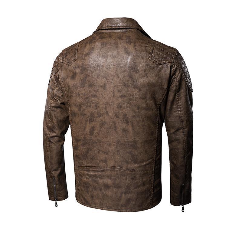 Men's faux leather biker jacket with shoulder quilting, asymmetric zipper, and adjustable belted waist Chichicherry
