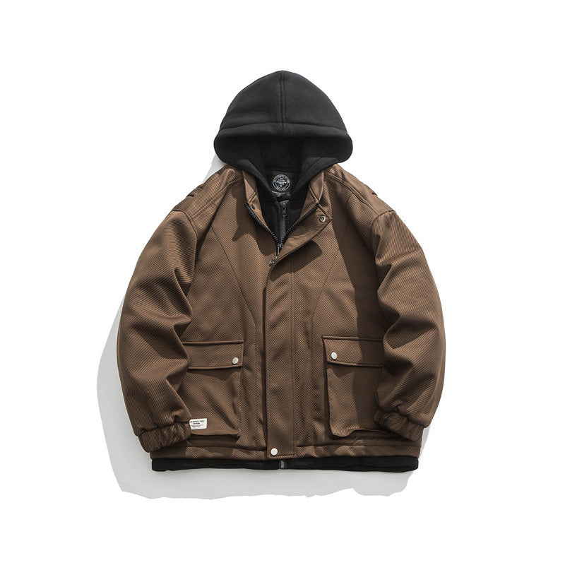 Men's Two-Layer Utility Jacket with Integrated Hood Inner Layer and Flap Pockets Chichicherry