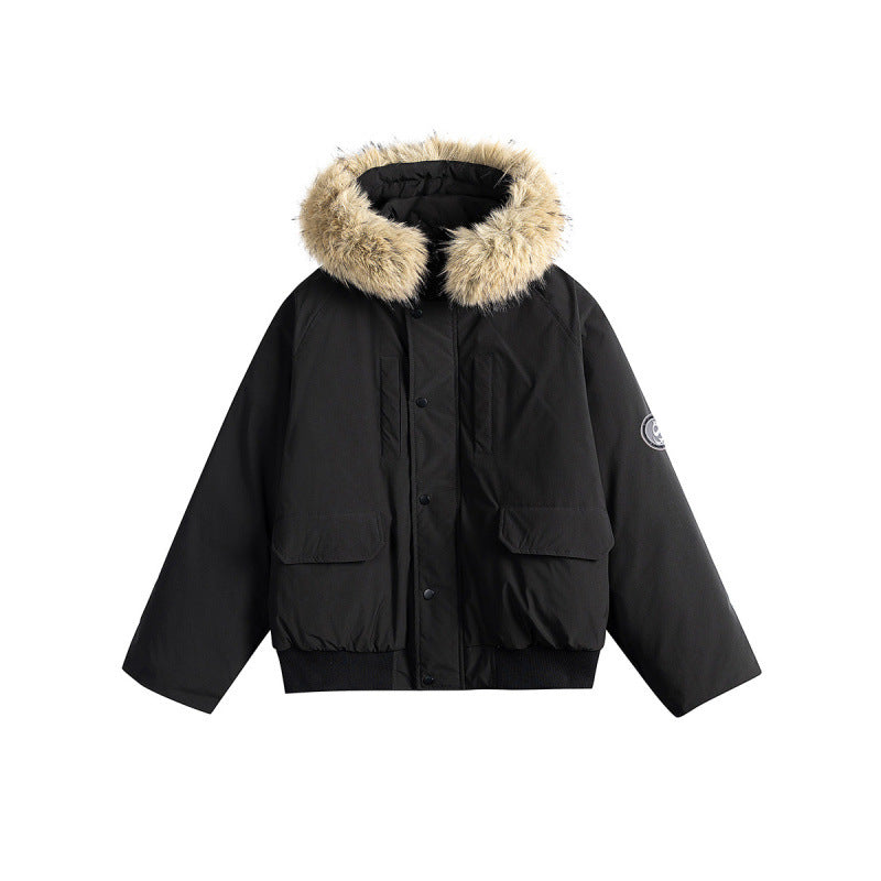 Women's short bomber jacket with thermal padding, hood with removable faux fur and utility pockets Chichicherry