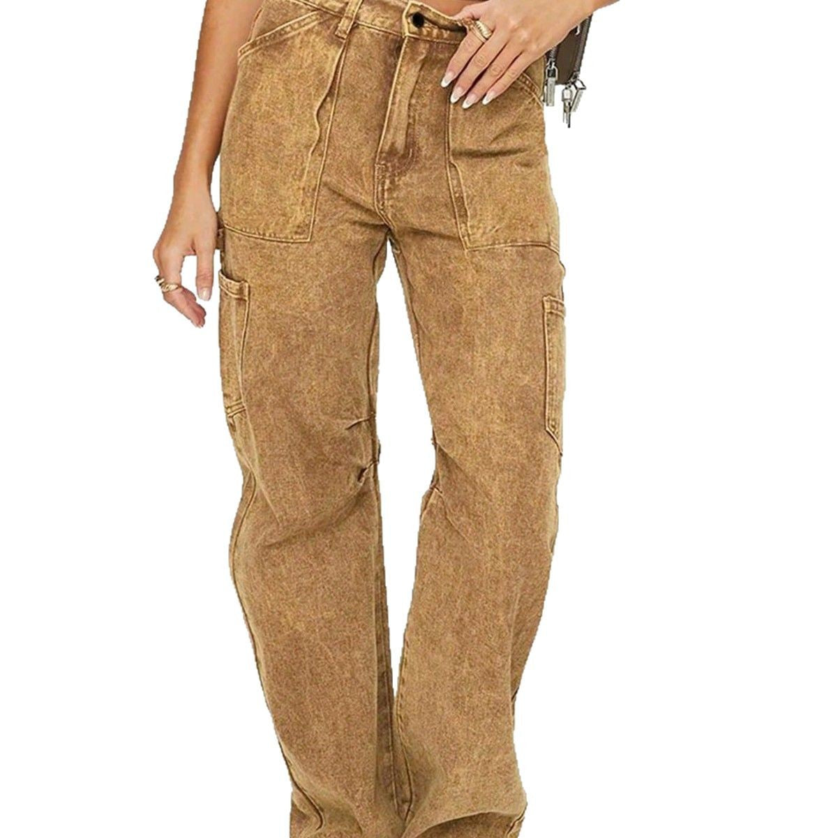 Women's Loose Utility Cargo Jeans with Straight Leg and Patch Pockets Chichicherry