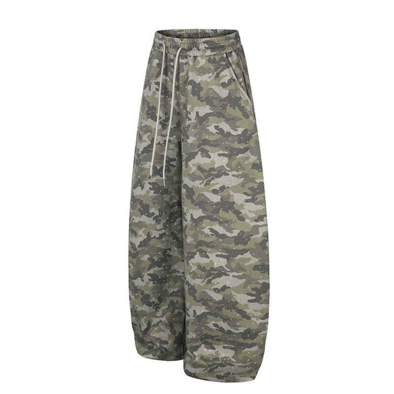 Women's Wide Camouflage Sweatpants with Balloon Legs and Drawstring Chichicherry