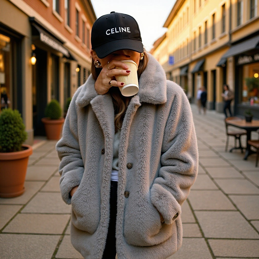 Women's Oversize Faux Fur Coat with Lapel Collar, Patch Pockets and Button Placket Chichicherry