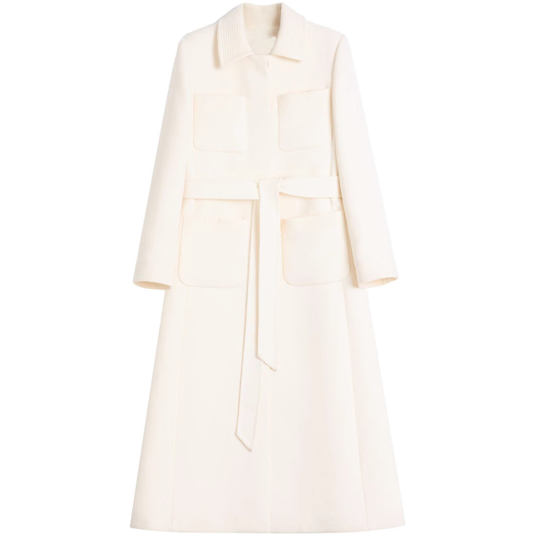 Women's longer tailored wool coat with tie belt and lace trim Chichicherry