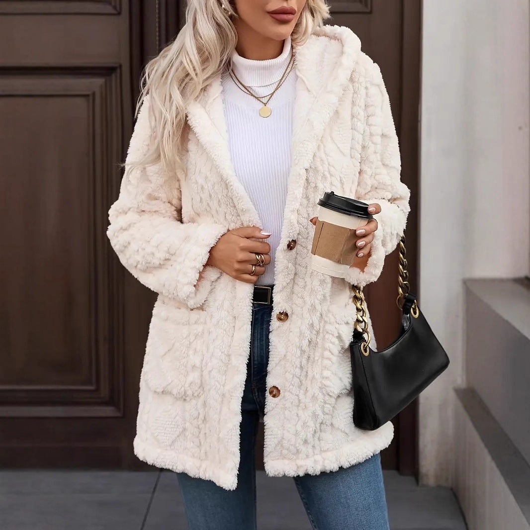 Women's Cozy Teddy Jacket with Hood, Button Placket and Patch Pockets Chichicherry