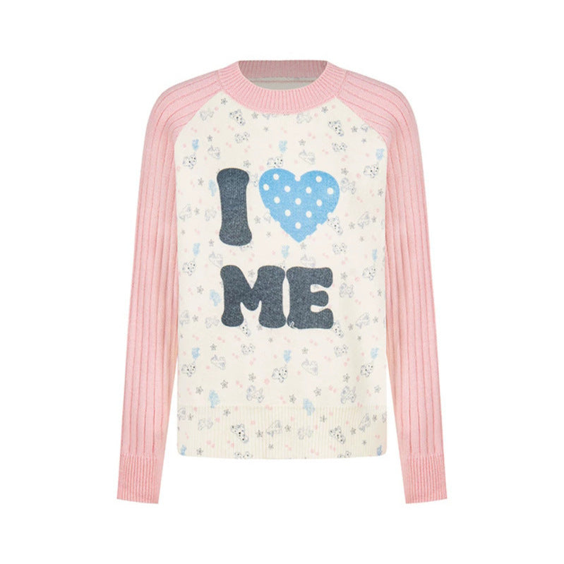 Women's fine knit pullover with appliqué statement, ribbed raglan sleeves and mini print Chichicherry