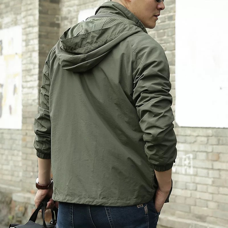 Men's lightweight windproof shell hoodie with mesh lining, hood, and adjustable hem Chichicherry