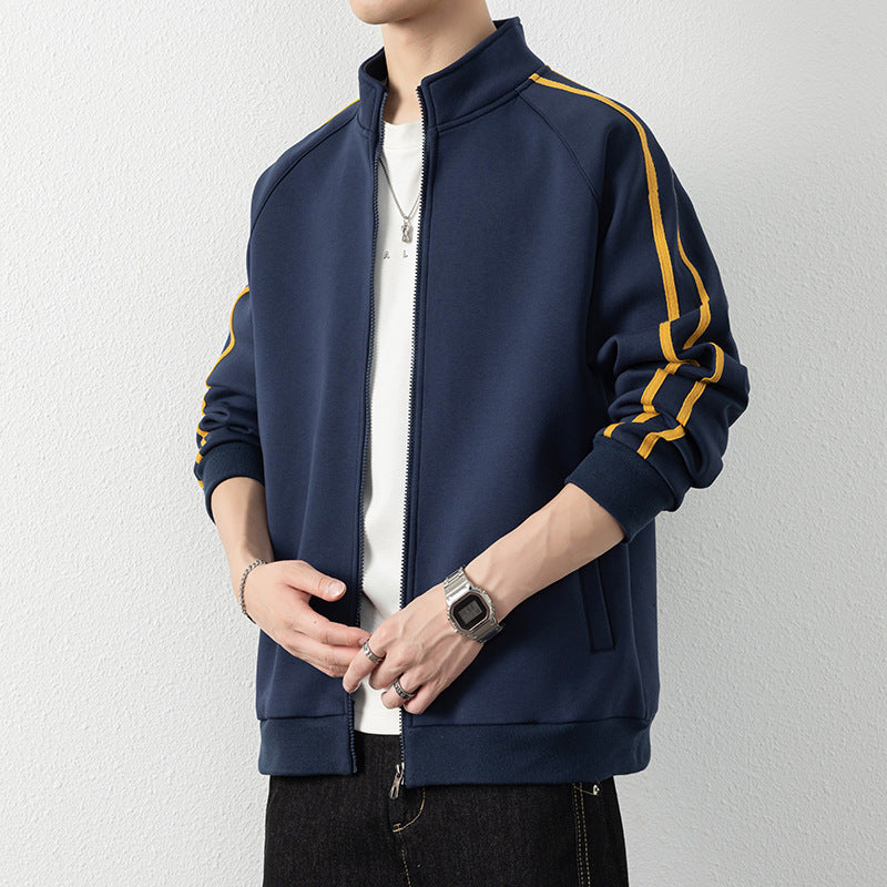 Men's leisure training jacket with stand-up collar, zipper, and contrast stripes Chichicherry