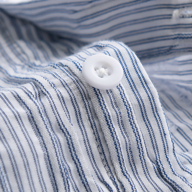 Men Striped Linen Relaxed Shirt with Chest Pocket and Button Placket Chichicherry