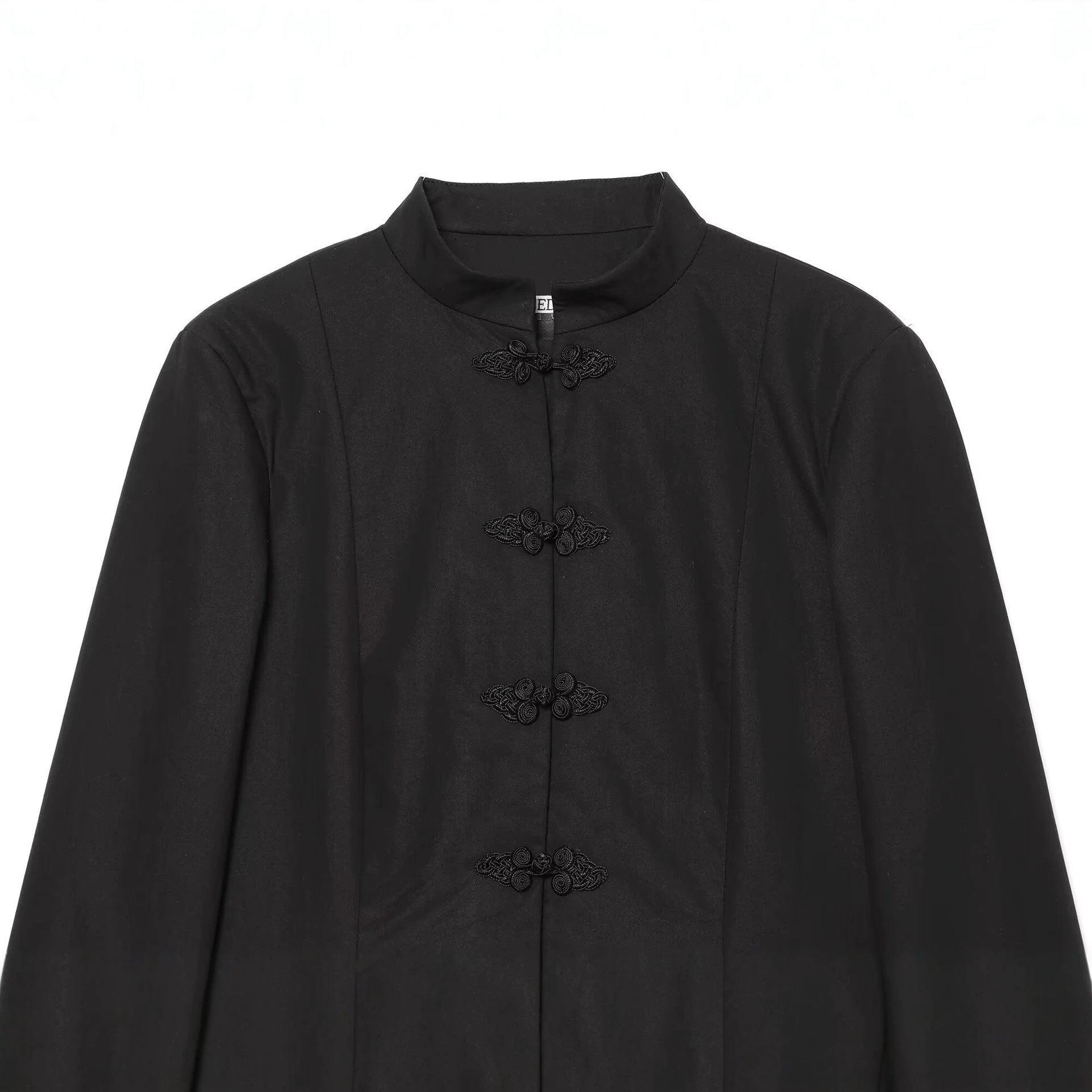 Women's Tailored Short Blazer with Mandarin Stand Collar and Decorative Frog Closures Chichicherry