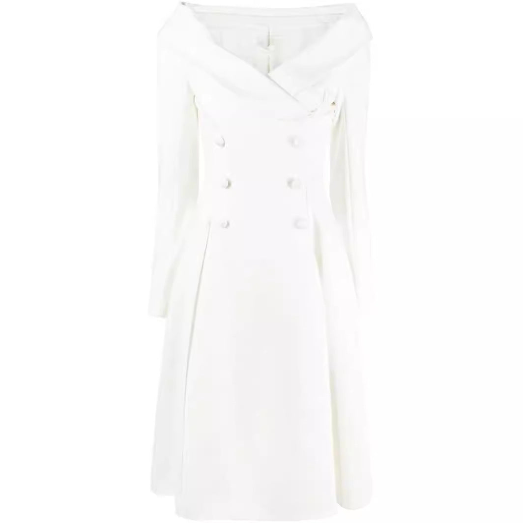 Women's maxi dress in coat look with off-the-shoulder collar and double row Chichicherry