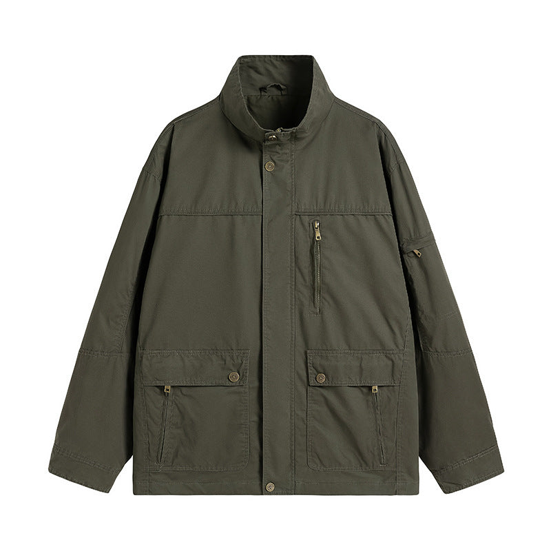 Men's Lightweight Utility Field Jacket with Stand Collar and Multiple Pockets Chichicherry