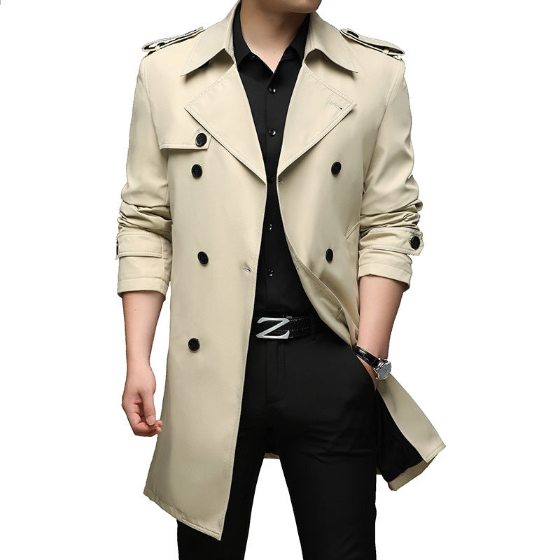 Men's Long Slim-Fit Double-Breasted Trench Coat with Epaulettes and Waist Belt Chichicherry